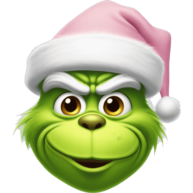 grinch face with a smirk wearing a light pink santa hat emoji