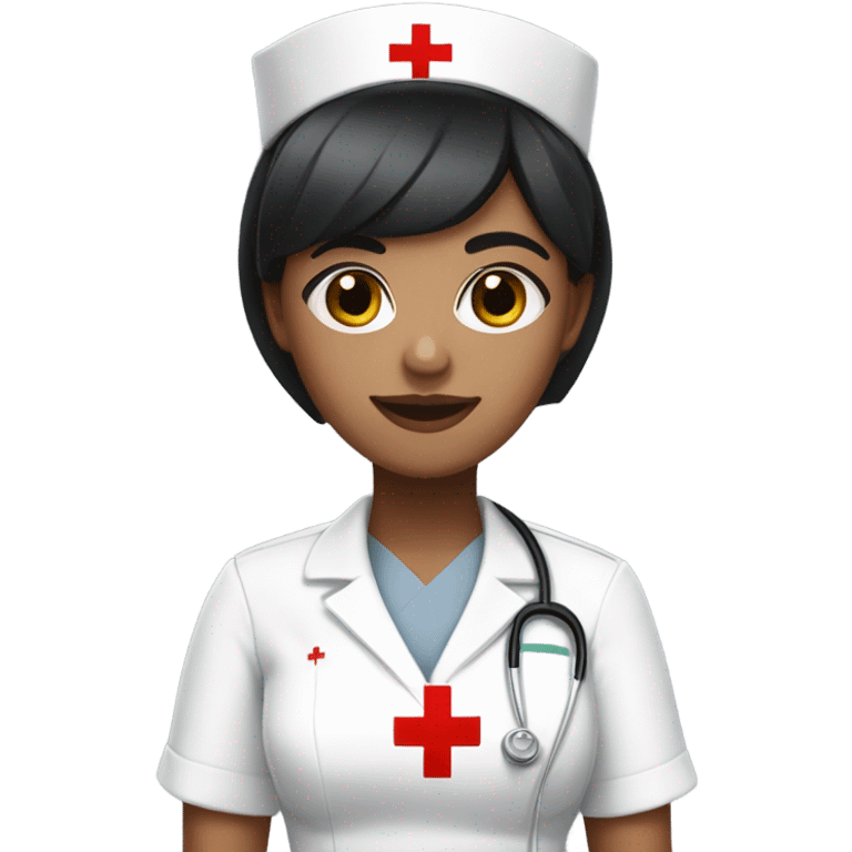 pixie cut black straight hair female nurse with red cross sign hat wearing dress
white skin color emoji