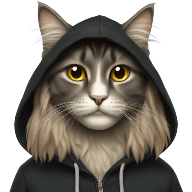 Long hair cat wearing a black hoodie emoji