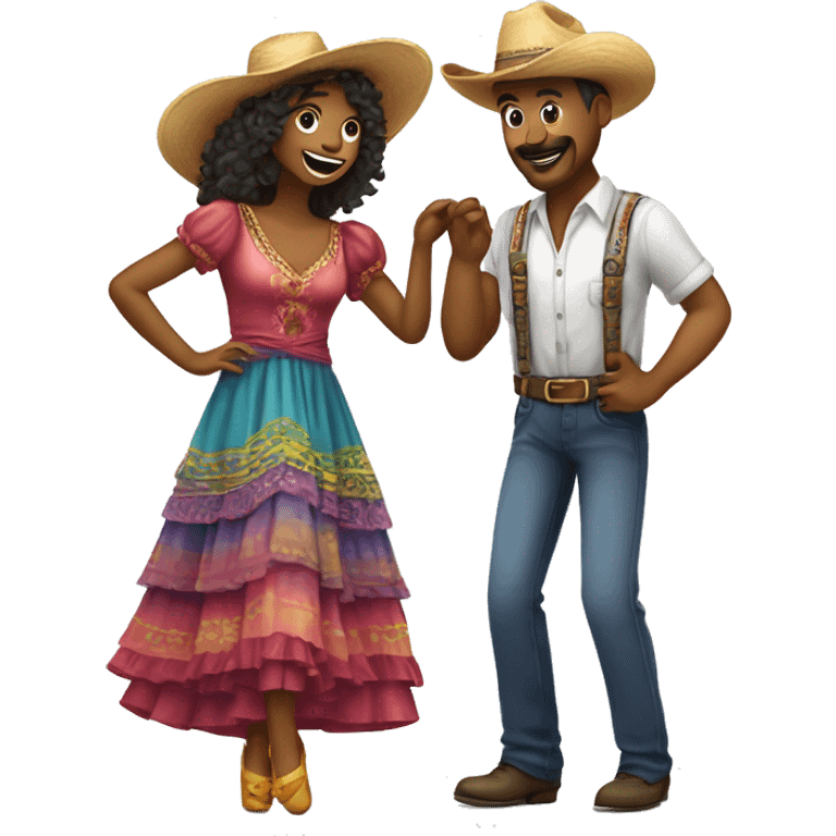 casal dançando usando chapéu de palha e roupas coloridas em festa country emoji