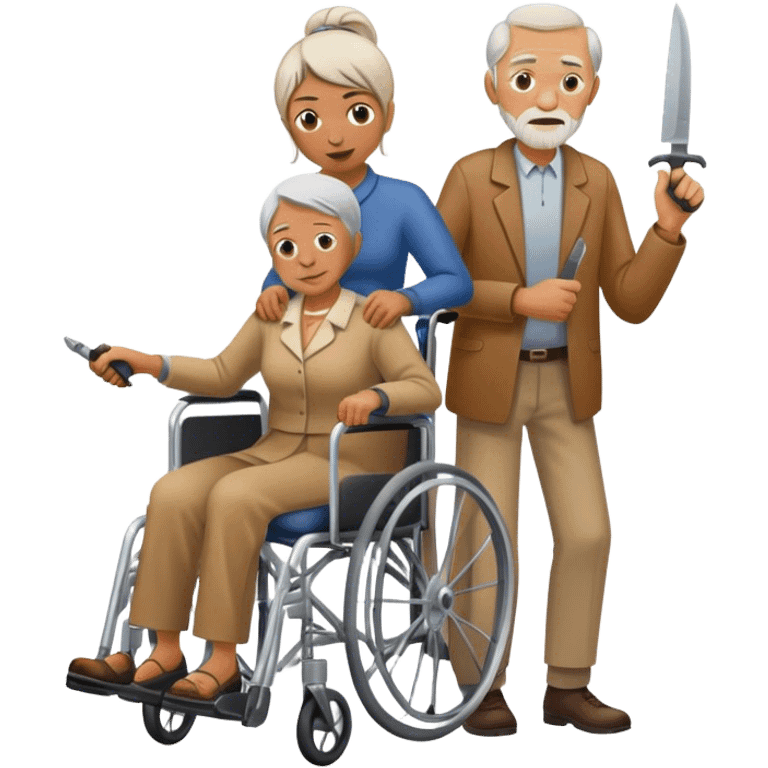 Woman with a knife in one hand, pushing with the other a wheelchair with an old man emoji