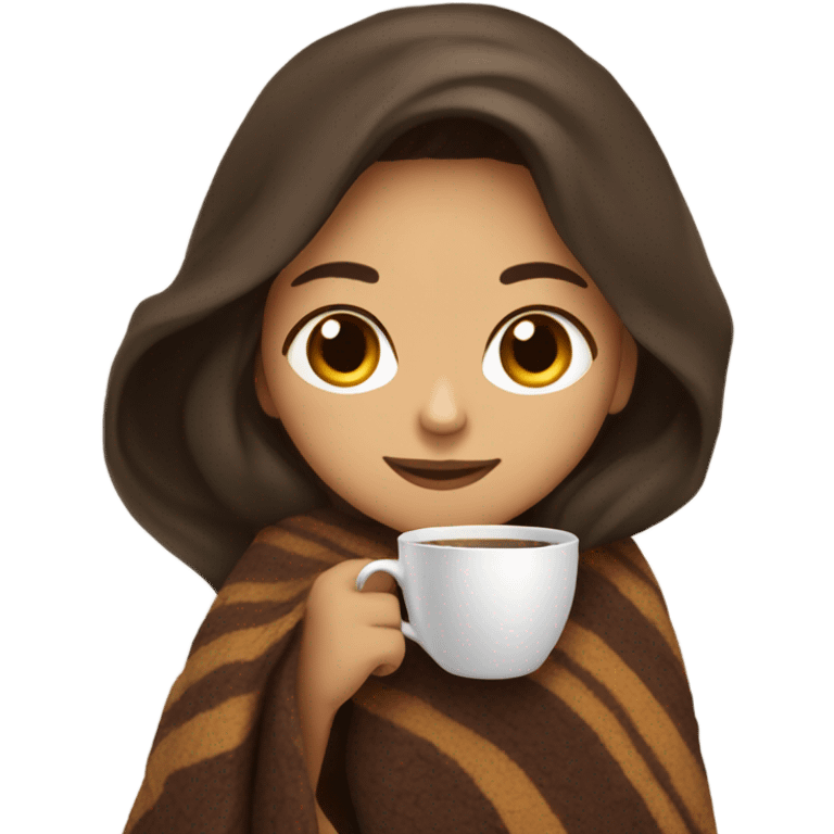 Hispanic Girl with long brunette wrapped in blanket sipping coffee emoji