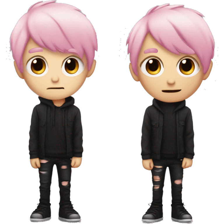 Create an emoji of an emo guy with split-dyed hair—one side pastel pink and the other side black. The hair should have a slightly messy, choppy texture, and the character should have a subtle, sad expression, wearing dark clothing typical of emo fashion emoji