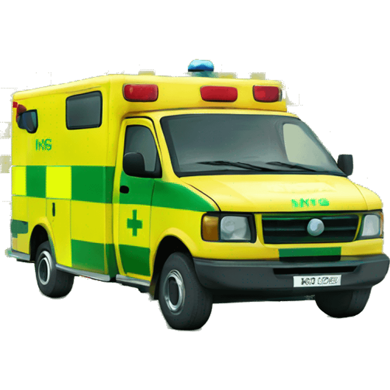 British NHS ambulance, yellow body, with green and yellow checkerboard print along the bottom. NHS logo on the side.  emoji