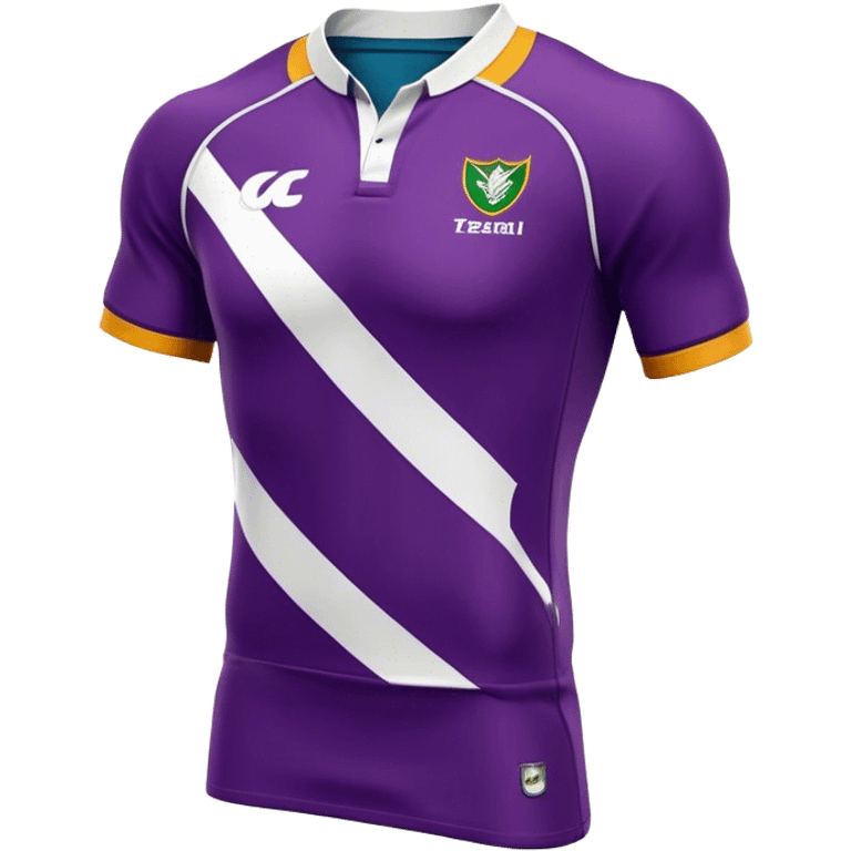 Cinematic Realistic image of a rugby jersey rendered in bold, dynamic team colors with intricately detailed fabric textures and natural creases, illuminated by dramatic stadium lighting emoji