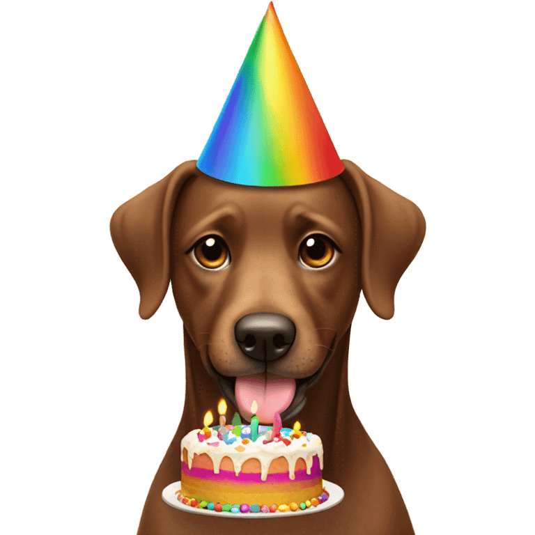 brown dog wearing rainbow party hat eating birthday cake emoji