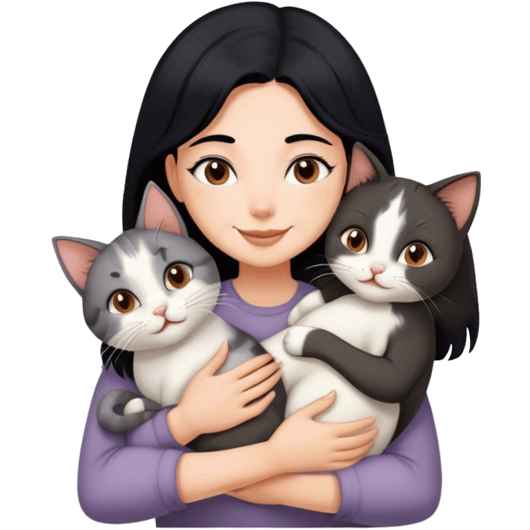 happy girl with black hair hugging three cats  (carey cat, gray cat, brown calico cat) emoji