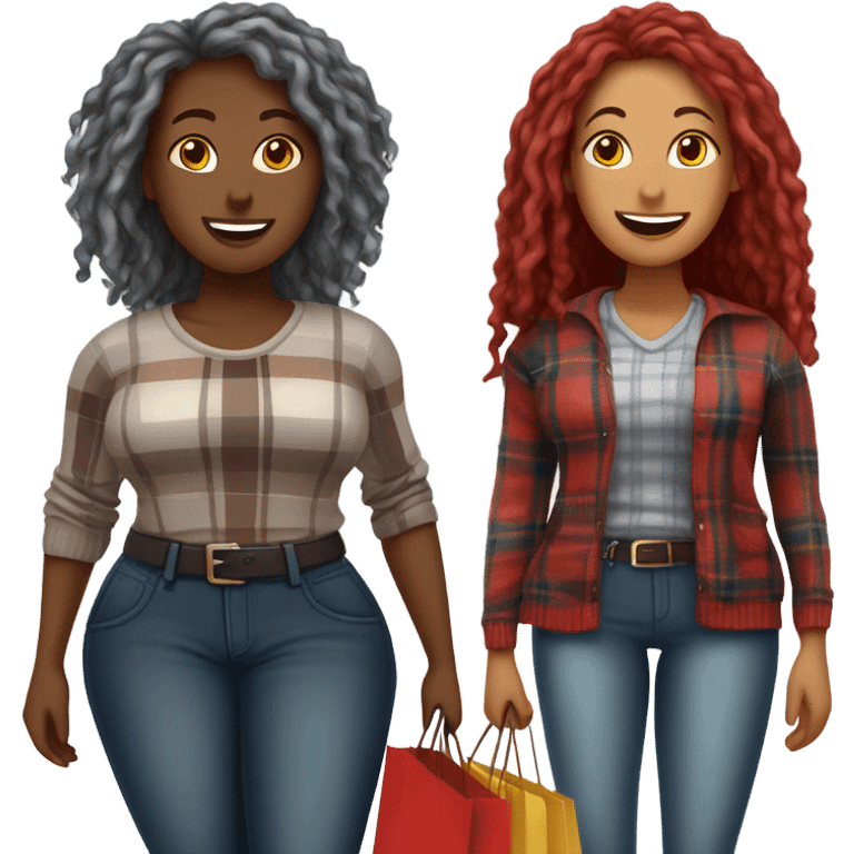 A very Curvy woman with gray locs in pants with shopping bag.  The other very curvy woman is brown with red locs in a skirt with plaid sweater shopping at yardsale emoji