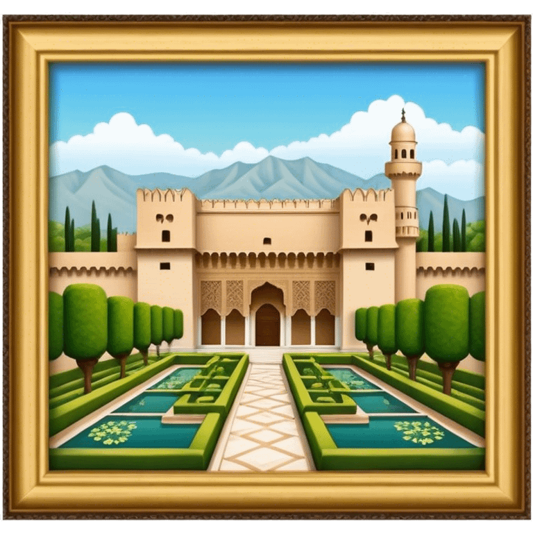 Cinematic Realistic Alhambra Landmark Emoji, showcasing the ornate historic palace with lush gardens rendered with rich textures and soft, majestic lighting. emoji