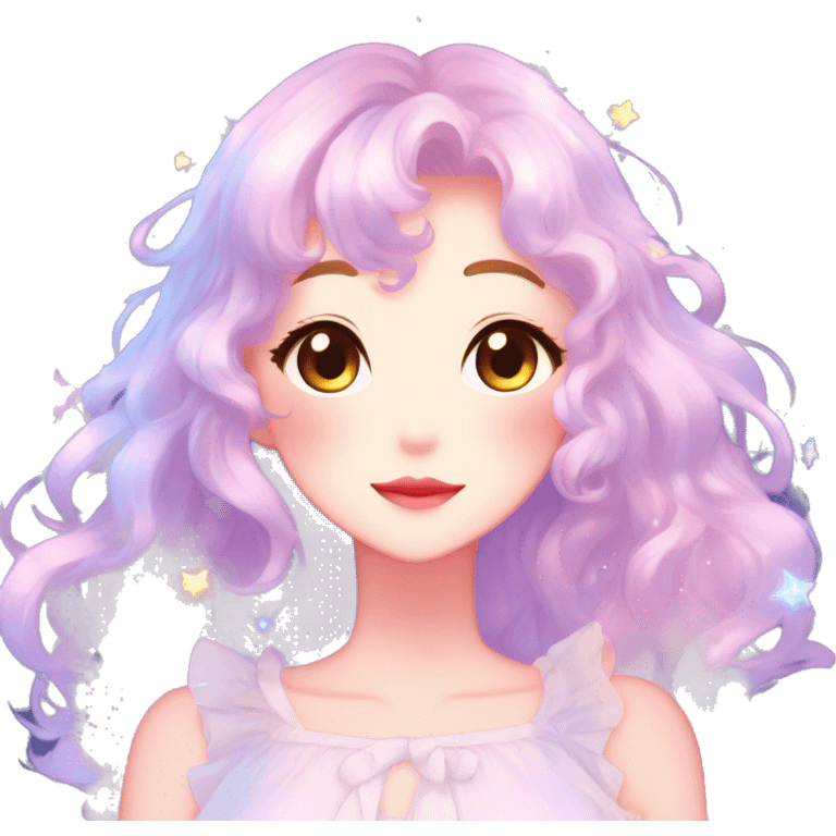 Gorgeous anime style lady blushing face dreamy idol model colorful shiny stars galaxy kawaii pastelcore cottagecore pearly petite simplistic aesthetic trending style emoji