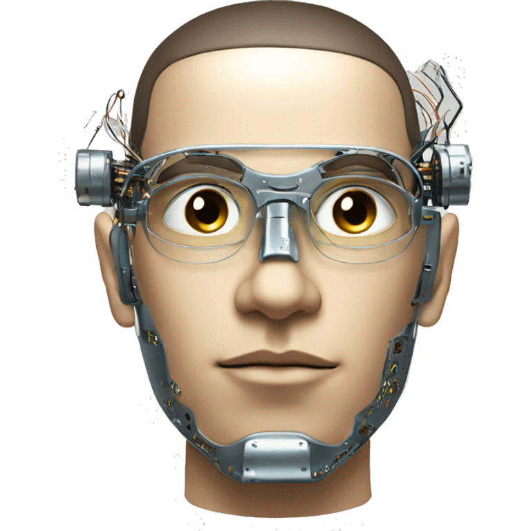 Male cyborg head with metallic plated face, flat top, glasses and circuits emoji