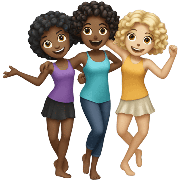 3 girls dancing with each other 1 girl blonde and tan 2nd girl black hair and white and 3rd girl curly brown hair and tan emoji