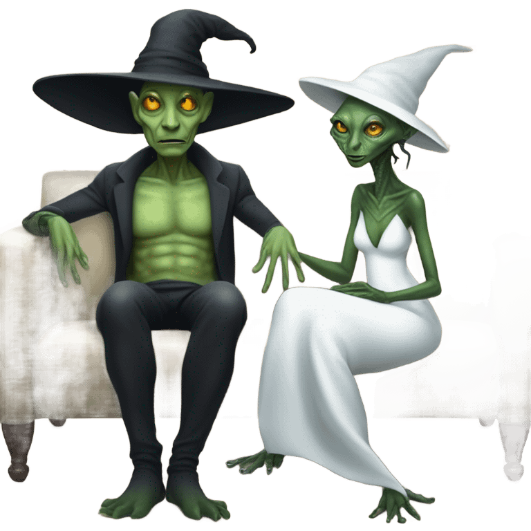 alien reptilian woman as witch, normal human male in white dress, sitting on a couch  emoji