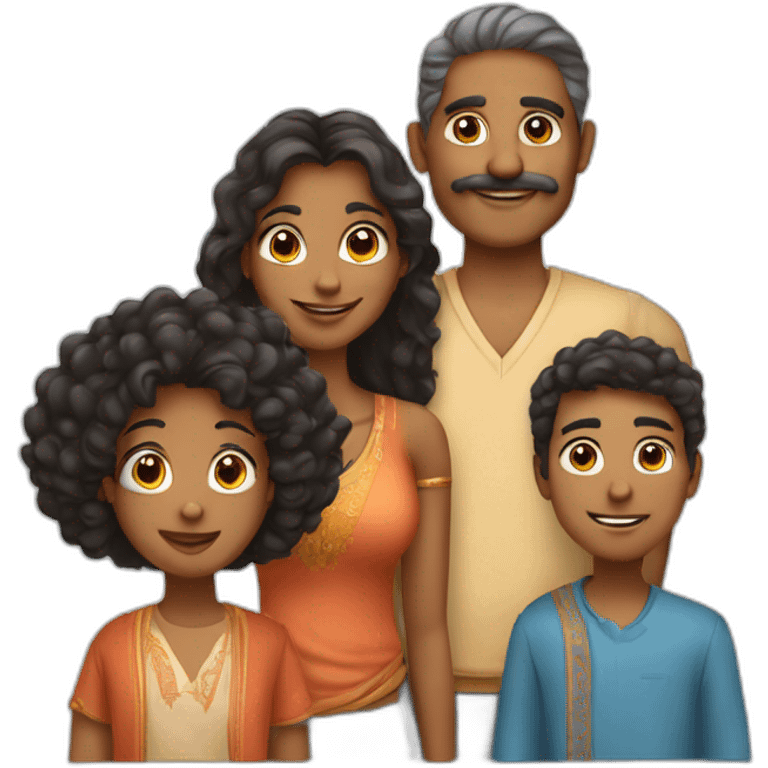 indian family with one dad and one son straight hair and one mom and one daughter curly hair emoji