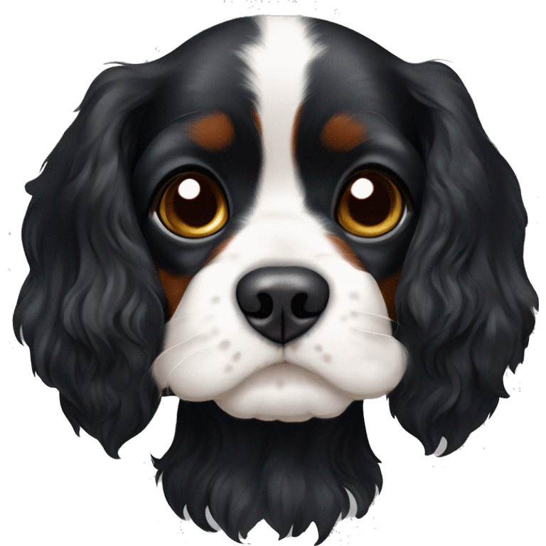 All black Cavalier King Charles spaniel with a while stripe on chest and a little bit of white on the chin. emoji