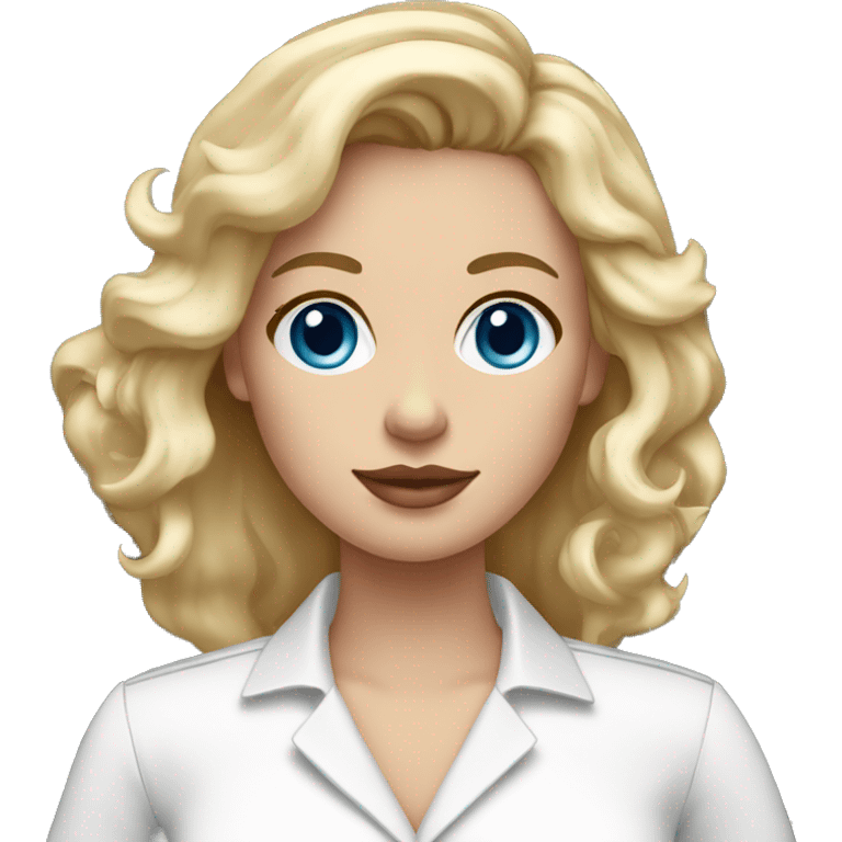 blue-eyed blonde with a white dress shirt and a Starbucks in her hand and an iMac  emoji