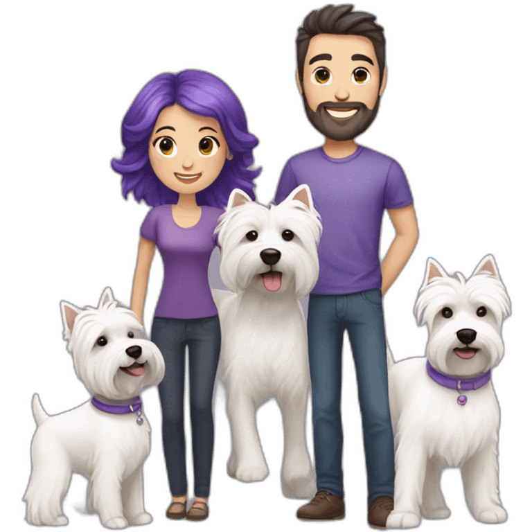 Family picture woman with purple hair and man with dark brown hair and happy West Highland White Terrier emoji