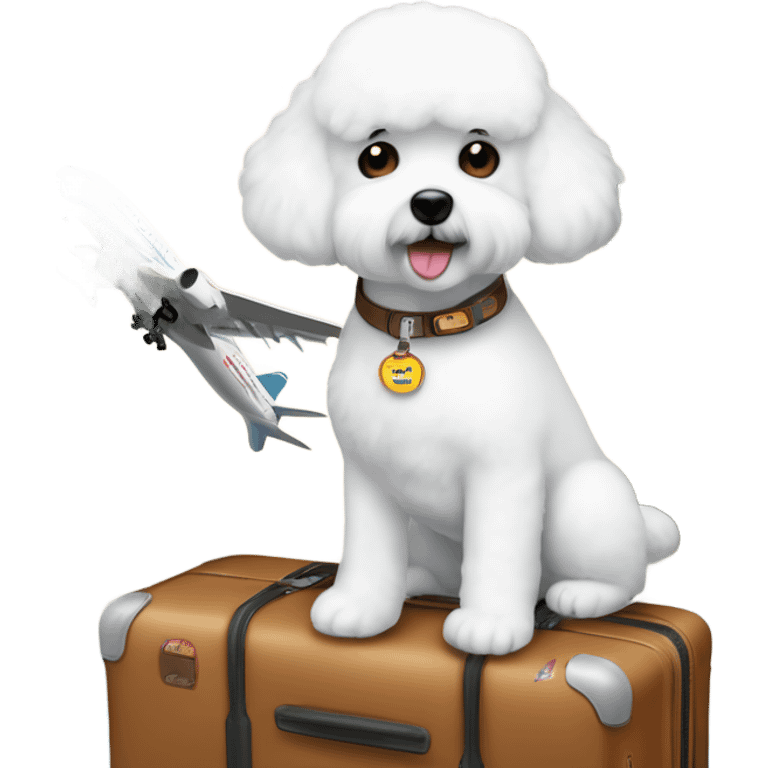 ABichon Frise standing next to a suitcase filled with iconic places stickers on the suitcase  emoji