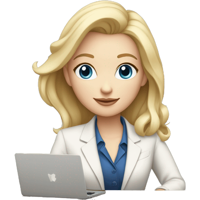 Woman with pale skin, blond hair, blue eyes and a blazer” work outfit sitting at table with Apple laptop emoji