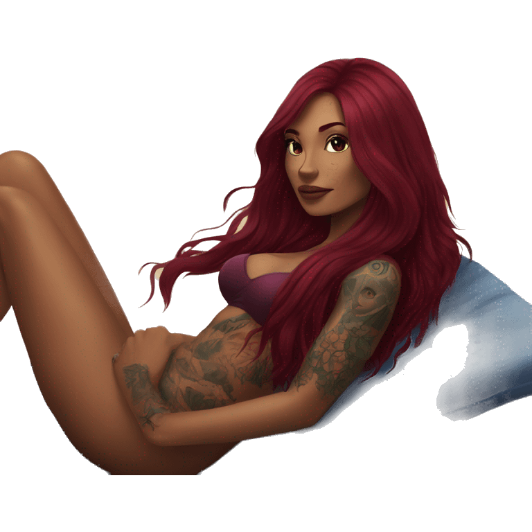 Beautiful tattooed burgundy long haired woman laying on the beach emoji