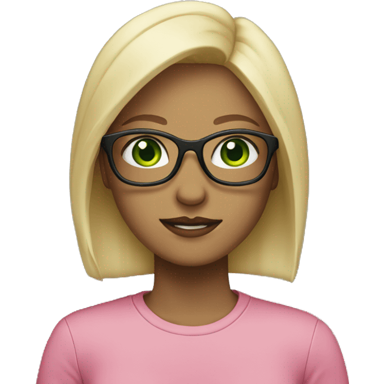 female, blonde, black rimmed glasses, green eyes, pink shirt emoji