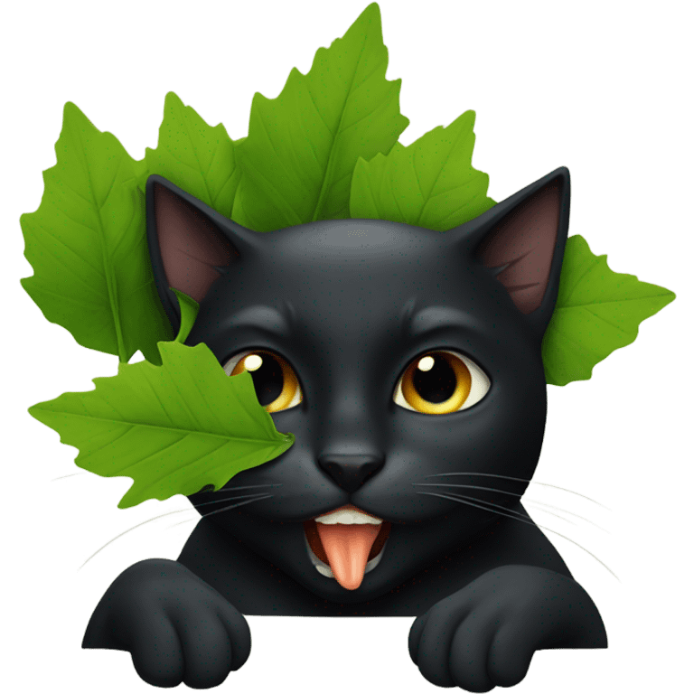 Black cat sucking leaves in its mouth emoji