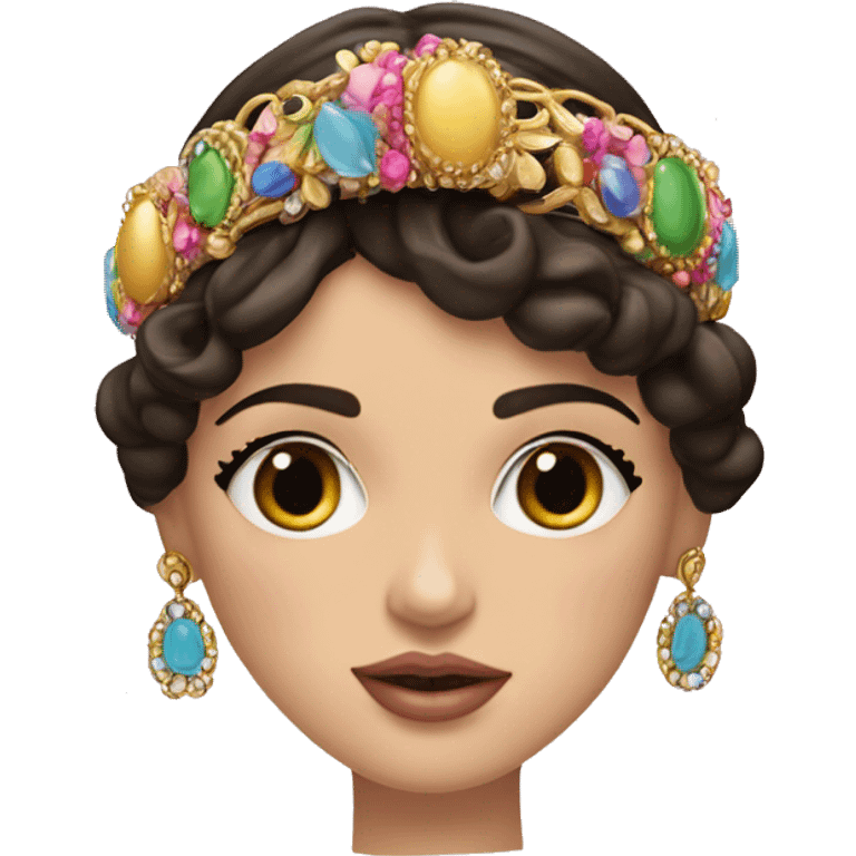 Dolce and Gabbana Italian model with dark hair and headband with colourful pastel ornament and golden detais  emoji