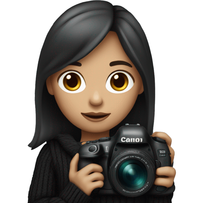 Female photographer with short,beige skin, dark hair, wearing a black sweater, holding a Canon 5D Mark IV camera with an 85mm lens.  emoji