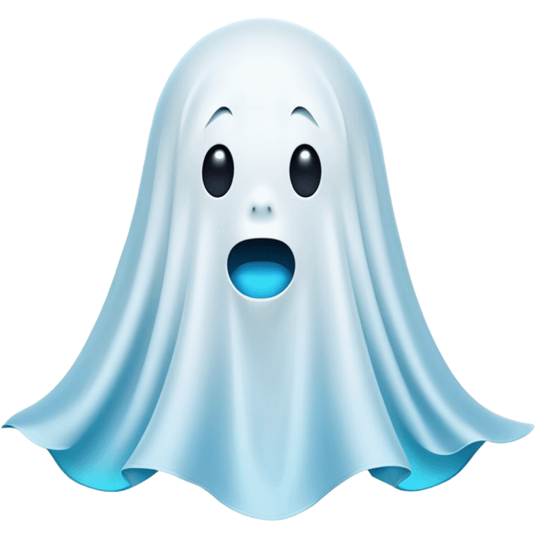 A hilariously exaggerated floating sheet ghost, its simple yet expressive form billowing with animated energy in vibrant whites and pale blues, with two wide, comically shocked eyes and a quirky, startled mouth, simplified yet overflowing with personality, highly detailed with a soft neon-like glowing outline, capturing the playful absurdity of a ghost caught off guard! emoji