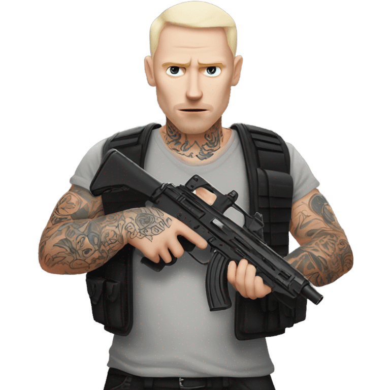 Pale skinned man with face tattoos holding a gun emoji