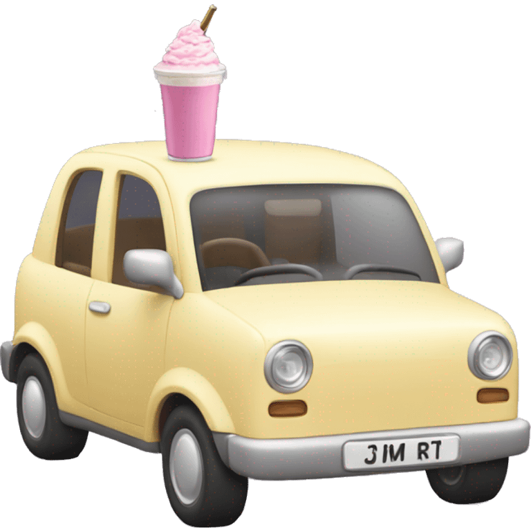 tiny 1 seater car with a milkshake on the front screen emoji