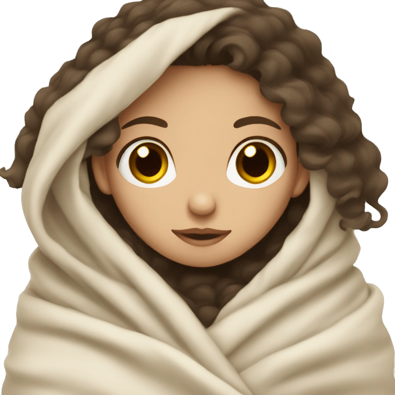 Pale girl with wavy dark hair brown eyes wrapped in a blanket cozy  emoji