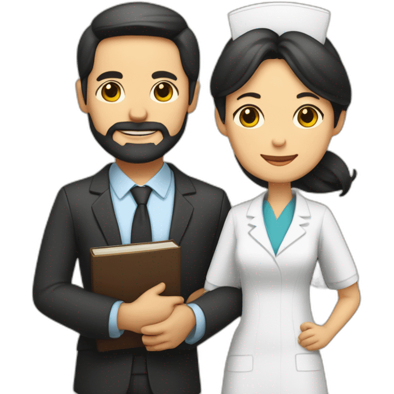 husband middle-aged trimmed beard wearing business suit holding bible, wife asian middle-aged black long hair nurse, with no children emoji