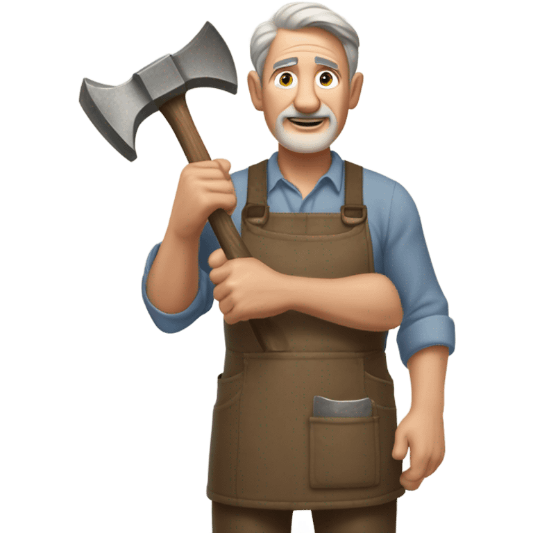 "A older man with rough hands, short light brown hair, and a friendly, naive expression. He wears a work apron over simple clothes and holds a hammer or wood in a rustic workshop." emoji