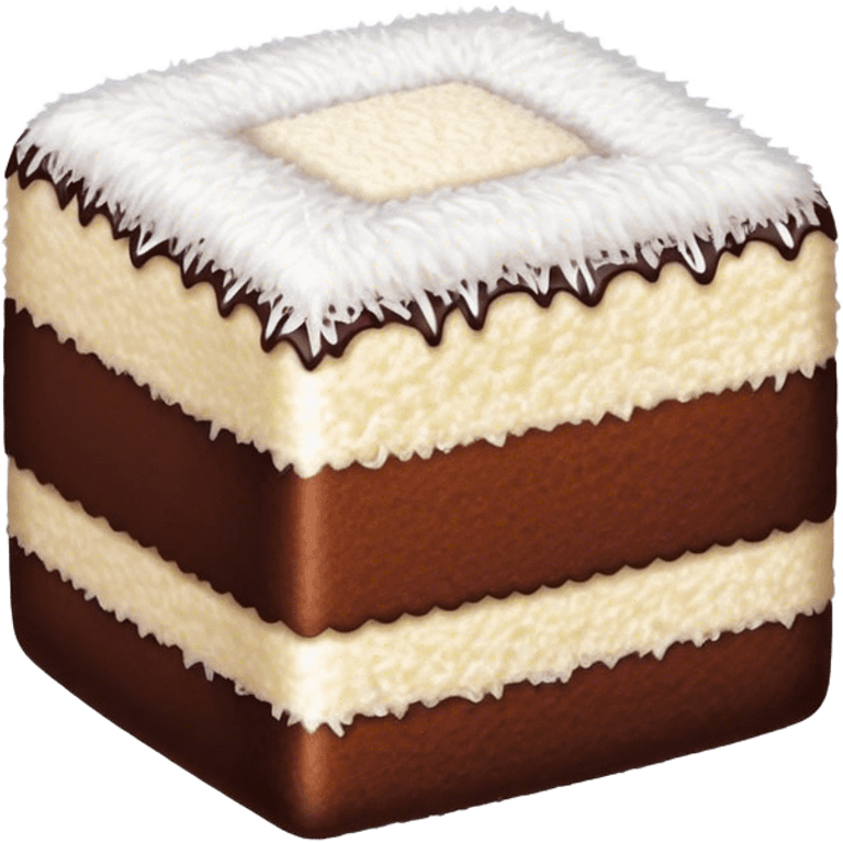 Lamington Cinematic Realistic Lamington Dessert Emoji, depicted as a sponge cake square coated in chocolate and dusted with coconut on all sides, rendered with lifelike textures and vibrant, tropical lighting. emoji