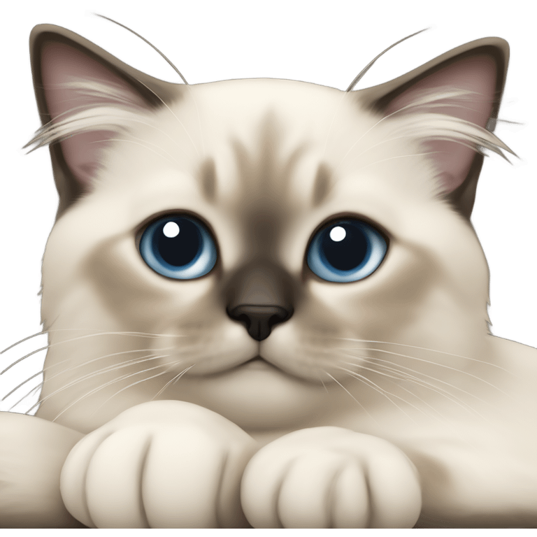 an entire birman kitten, laying down relaxed on a shoulder.  thin face, spots of dark on the ears and middle of the face. emoji