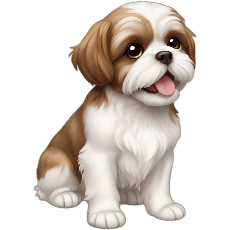 Shih tzu brown and white puppy close mouth smiling laying on the floor emoji