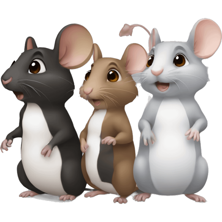 three differently colored rats grey black white brown talking emoji