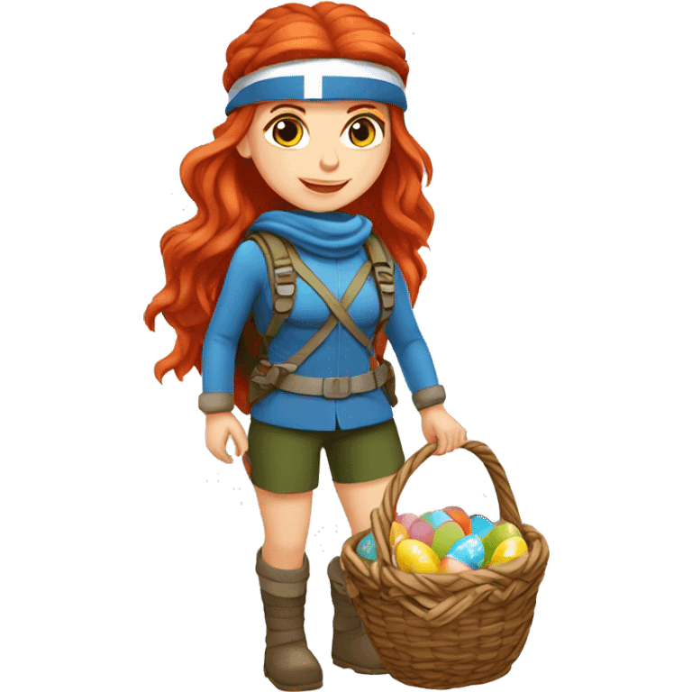 Greek Female winter mountaineer red hair white skin climbing with Greek Flag and Easter eggs basket emoji