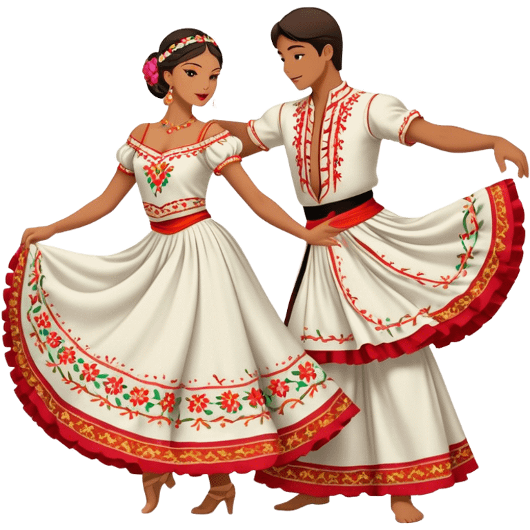 Cinematic Realistic scene of two dancers performing the Tarantella, dressed in vibrant, flowing traditional costumes with detailed embroidery and dynamic skirts, captured in festive motion with warm, lively lighting emoji