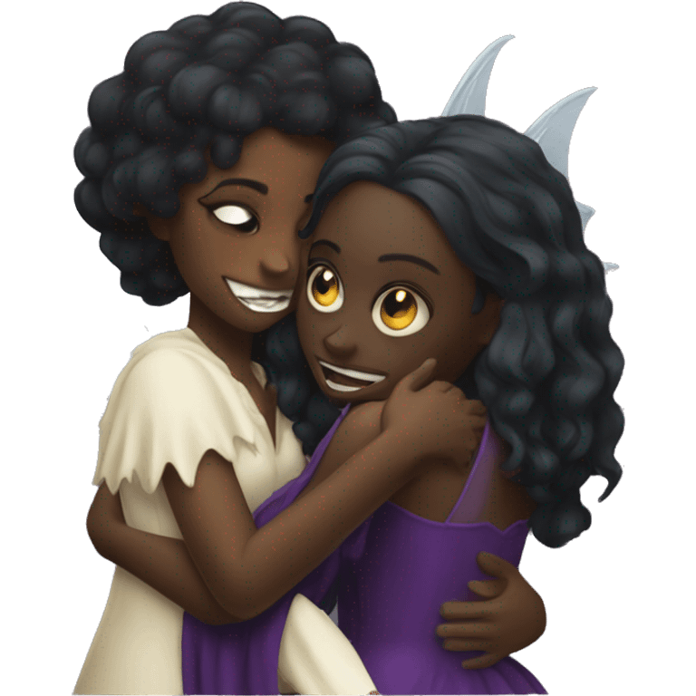 A fairy black girl hugging a vampire emoji