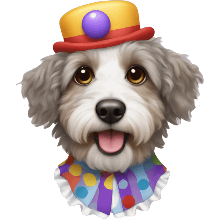 Aussiedoodle wearing a clown suit emoji