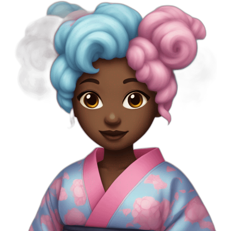 Cute darkskin girl in a kimono with cotton Candy colored hair emoji