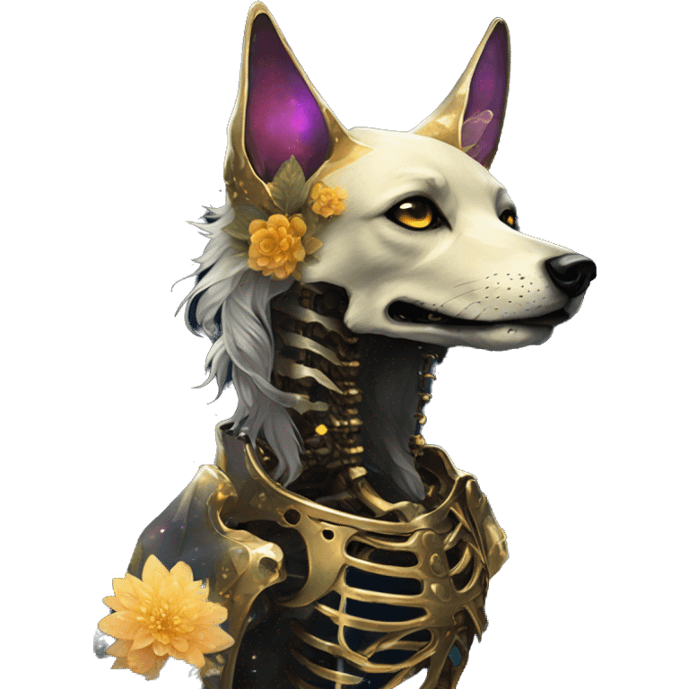 Black iridescent dog fox zombie skeleton gold mechanical nebula galaxy stars flowers fairy lights vintage emoji