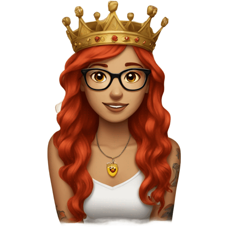 Beautiful girl, long red hair, tattoos, glasses and a crown emoji