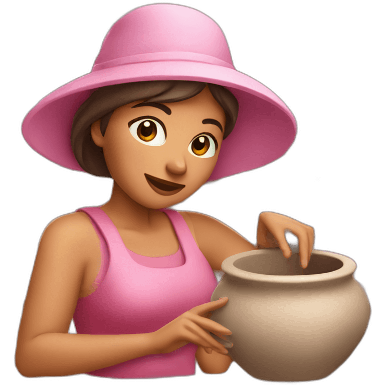 Woman in pink hat making pottery emoji