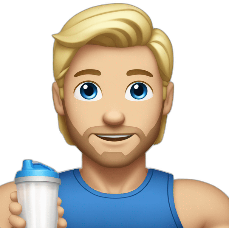 caucasian white muscled guy drinking a protein shake, goes to the gym everyday and works in tech. Has blonde/brunette hair, blue eyes. emoji