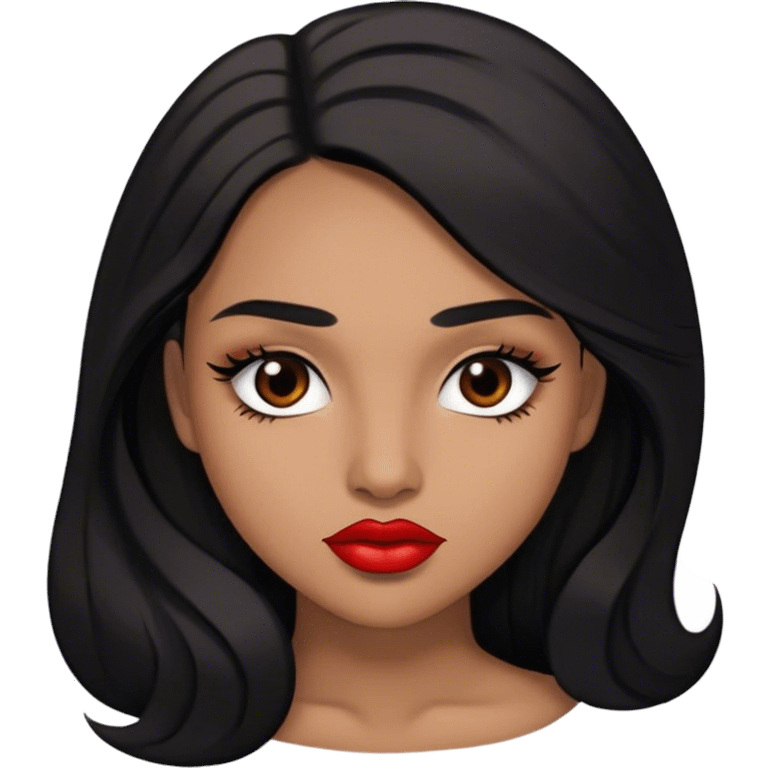 Woman, light brown skin, black long hair, medium arched eyebrows, brown eyes, full lashes, and red lips emoji