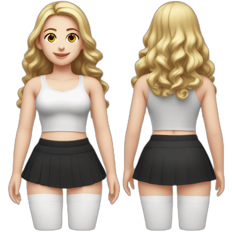 caucasian-curvy-figure scater girl short-black-skirt-back-and-front-views-long-white-socks emoji