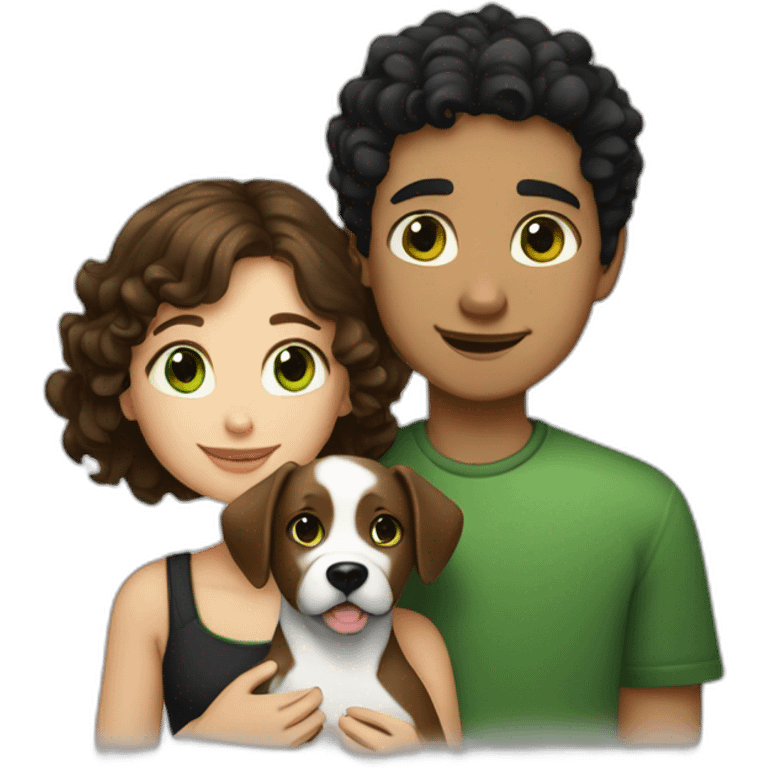 girl-with-brown-eyes-and-brown-hair-and-a-boy-with-short-black-hair-and-green-eyes-hugs-curly-black-and-white-dog emoji